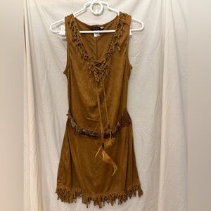Dreamgirl Brown Fringed Native American Suede-Style Sleeveless Dress L